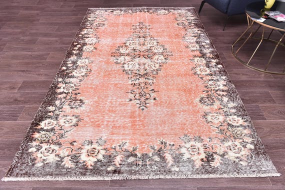 6x9 Vintage Faded Floral Area Rug, Orange Brown Color, Farmhouse Decor, Floral Design Rug, Living Room Bedroom Rug, Ornate Border