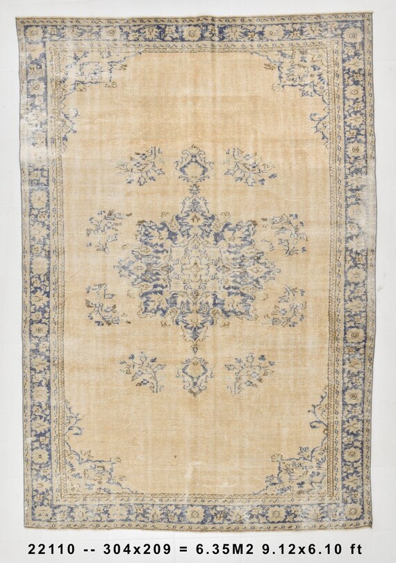 7x10 Area Rug, 7x10 OVERSIZE OUSHAK VINTAGE Rug, Oversize Rug, Large Area Rug, Handmade Vintage Rug, 7x10 Area Rug, Faded Yellow Blue, 7x10