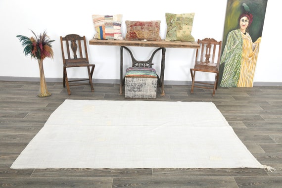 5x7 Area Rug, 5x7 Beige & White Pure Hemp Rug, 5x7 Hemp Rug, Natural Hemp Texture, 5x7 Rug, White Beige Area Rug, Patchy Hemp Rug, Anatolian