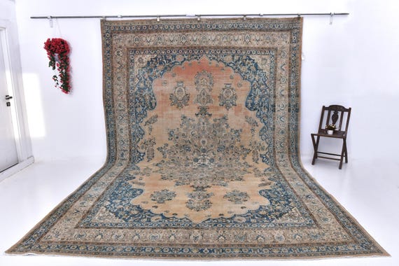 10x15 Peach Red & Blue Unique Rug, Oversized Unique Rug Extra Large Area Rug 10x15 Rug Handmade Wool Rug