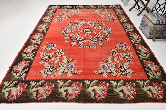8x11 Vintage Ornate Botanical Design Area Rug, Oversize Rug, Large Area Rug, Handmade  Rug, 8x11 Area Rug, Kilim Rug 8x11, Red Brown Rug