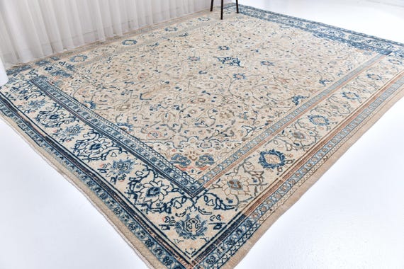 9x11 Antique Unique Oriental Faded Handmade Wool Rug, Blue Cream Color