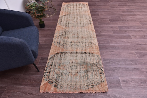 3x10 Vintage Distressed Runnner Rug, 3x10 Handmade Wool Runner, 3x10 Apricot Green Color, 3x10 Hallway Runner Rug, 3x10 Kithcen Runner Rug