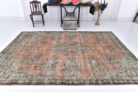 Antique Vintage Turkish Rug, 7x10 Handmade Wool Rug, Orange & Brown Carpet, 7x10 Antique 57's Oriental Vintage Rug, 7x10 Pastel Turkish Rug,