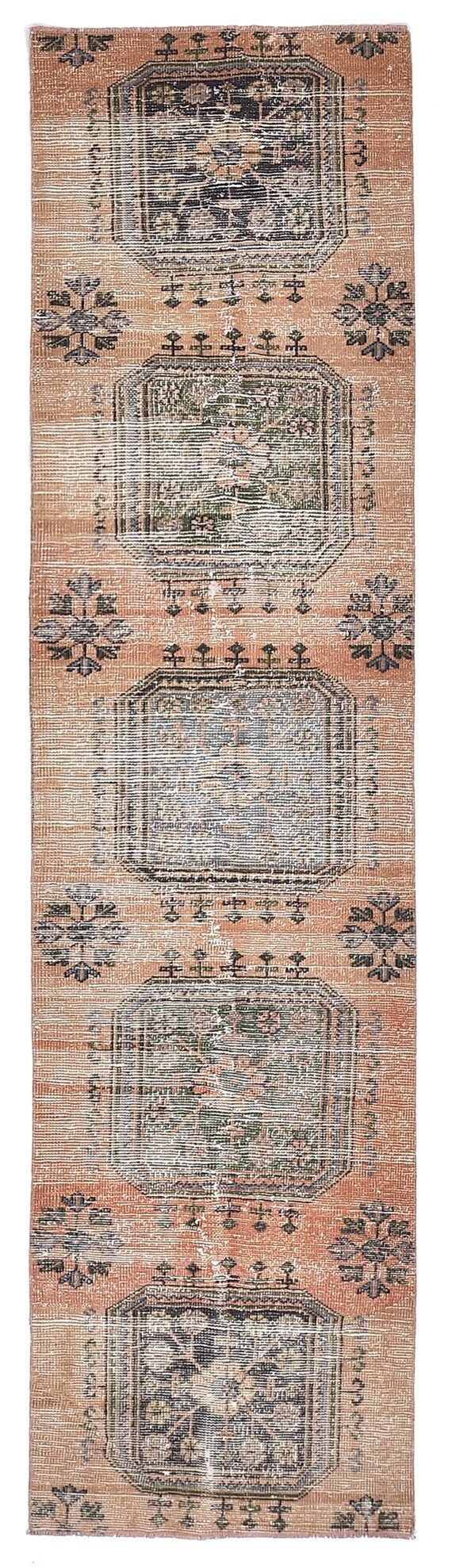 2x10 Peach Orange & Blue Turkish Vintage Runner Rug,2x10 geometric salmon pink runner rugs, Muted pink runner rugs for kitchen 2x10 ft.