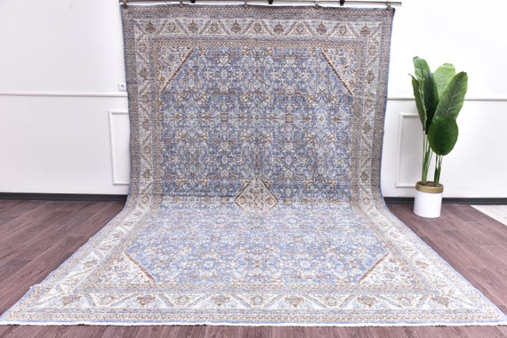 9x12 Turkish Wool Cotton Oriental Large Rug, Natural Fiber, Outlet, Blue Terracotta Color