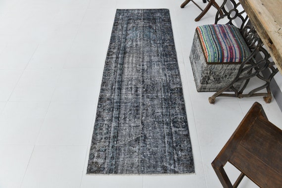 2x7 Runner Rug, 2x7 TURKISH VINTAGE RUNNER Rug, 2x7, Vintage Runner, Wool Handmade Oushak, Blue & Gray Rug, Runner Rug 2x7, Rug For Hallway