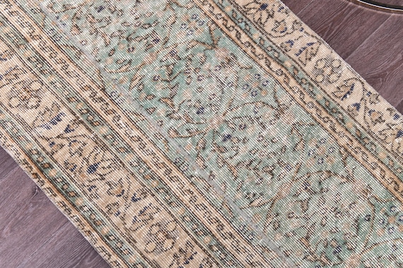 2x5 Vintage Turkish Accent Rug, 2x5 Green Cream Color, Floral Design, 2x5 Bath Mat, 2x5  Door Mat, 2x5 Accent Rug, Vintage Rug, Small Rug