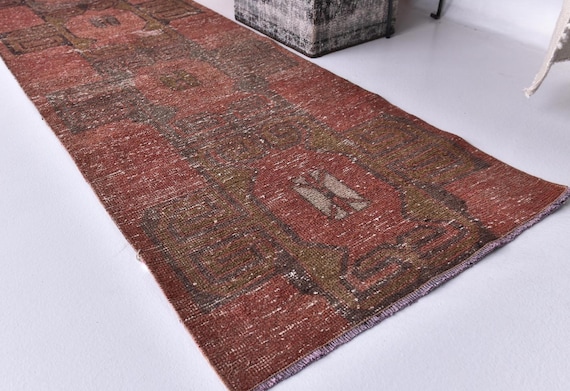 2x7 Vintage Burgundy Brown Runner Rug, 2x7 Distressed Turkish Hallway Rug, Antique Style Kitchen Long Narrow Area Rug, 2x7 Hallway Runner