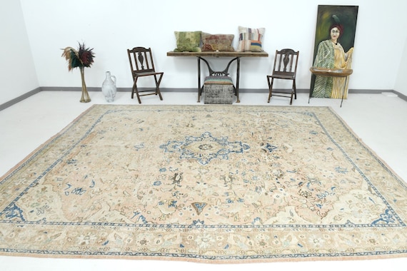 10x12 Area Rug, 10x12 Persian Heriz, 10x12 Blue Beige Rugged Persian Rug, Oversize Persian Rug, Extra Large Area Rug, 10x12 Rug, Gift Rug
