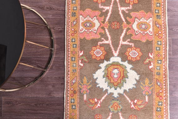 3x14 Vintage Oushak Runner Rug, Brown Mustard Pink Color, Hallway Rug, Handmade Wool, Natural Dye