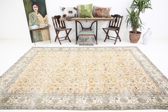 7x11 Area Rug, 7x11 Vintage Rug, 7x11 Soft Wool Vintage Rug, Oversize Vintage Rug, Large Area Rug, 7x11 Rugs, Pale Orange Vintage, Antique