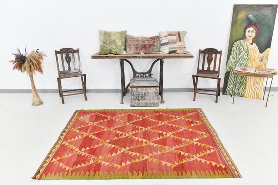 5x6 Area Rug- 5x6 Tribal Kilim - 5x6 Green Red Turkish Kilim Rug, 5x6, Wool Handwoven Kilim, 5x6 Rugs, Kilim Rug 5x6, Rug For Living Room