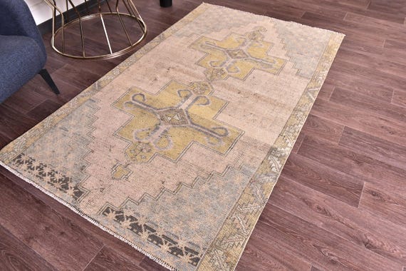 4x7 Vintage Accent Rug, 4x7 Salmon Mustard Blue, Floral Design, 4x7 Distressed Floral Rug, Traditional Home Decor, Handmade Wool Rug 4x7 Rug