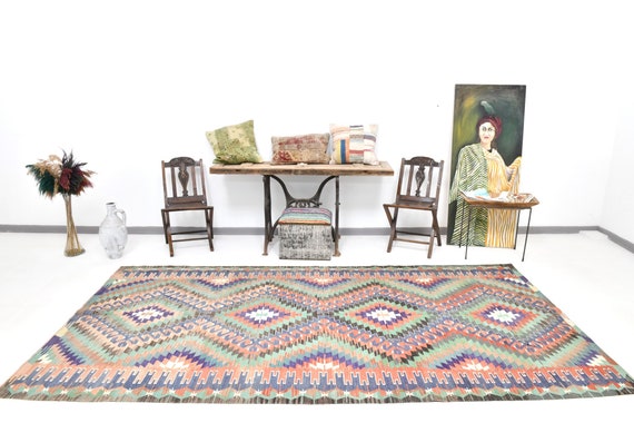 6x11 Area Rug, 6x11 Vintage Kilim, 6x11 Turkish Vintage Kilim Rug, Handmade Wool Rug, 6x11 Rug, Blue & Green Kilim, Kilim Rug 6x11, Gift Rug