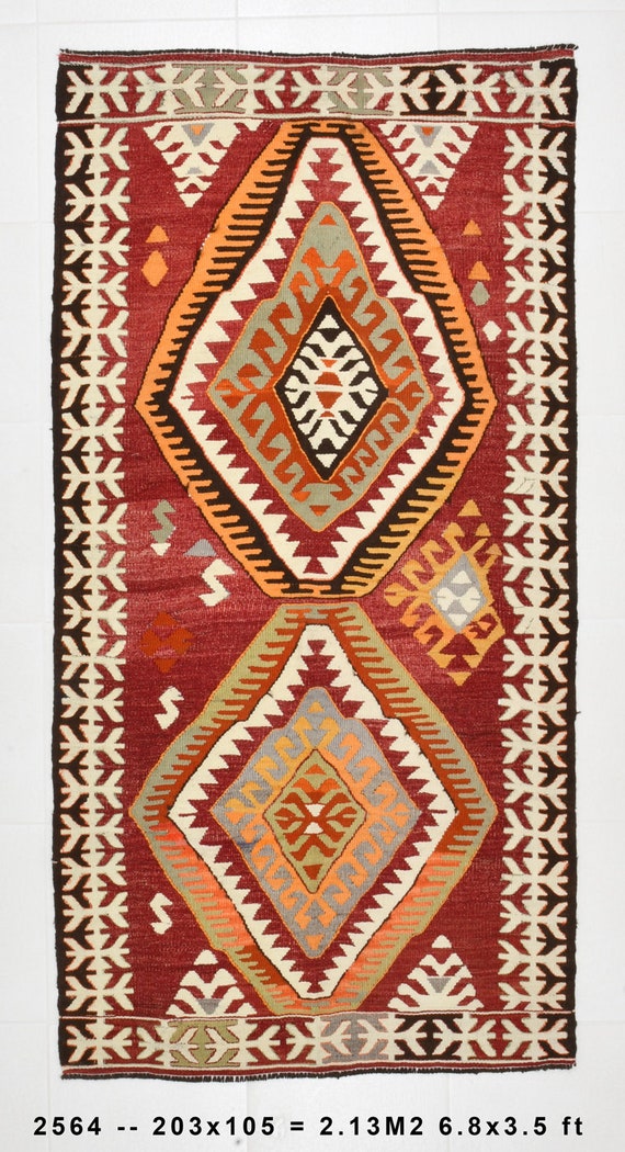 3x7 Area Rug, 3x7 Oriental Kilim, 3x7 TURKISH VINTAGE KILIM Rug, 3x7, Kilim Rug 3x7, Shades Of Red & Green Kilim, Tribal Pattern, Antique