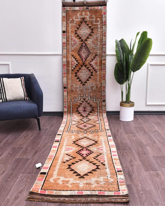 2'7x14 Vintage Stair Runner Rug, Long Hallway Kitchen Runner, Copper Color