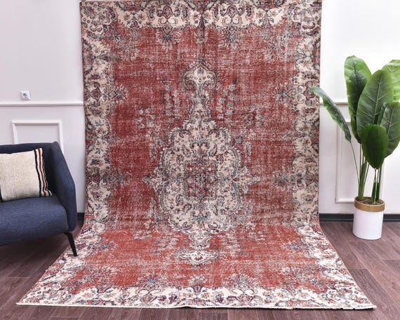 7x10 Vintage Turkish Medallion Handmade Wool Are Rug, Rust Red Color