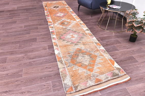 3x13 Vintage Faded Wool Runner Rug, Orange Cream Color, Hallway Kithcen Rug, Handmade Soft Wool-Turkish
