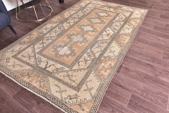 5x8 Turkish Faded Rug, Peach Beige Color, 5x8 Handmade Wool Rug, Living Room Bedroom Rug, 5x8 Antique Geometric Rug, 5x8 Oushak Rug, 5x8 Rug