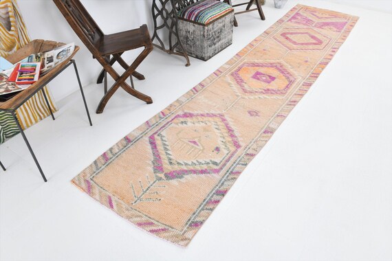 2x12 Pink Beige Vintage Runner Rug, 2x12 Turkish Vintage Runner 2x12 Long Narrow Handmade 2x12 Runner Rug Oriental Style 2x12 Turkish Runner