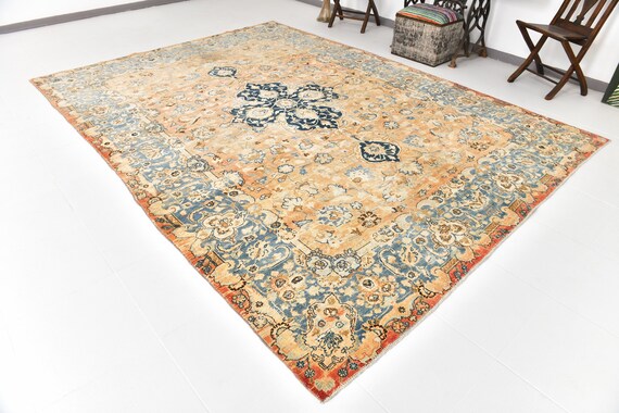 8x11 Vintage Ornate Persian Area Rug, Coral Color Rug, Blue Medallion Rug, 8x11 Luxury Rug, Traditional Woven Rug, 8x11 Area Rug, 8x11 Rug