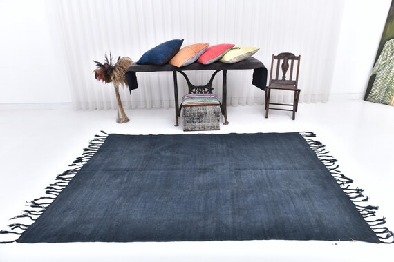 5x8 Dark and Navy Blue Hemp Rug, 5x8 Hemp Rug, 5x8 Rug, Fringed Handmade Hemp Rug, 5x8 Area Rug, Bohemian Eclectic Style, Farmhouse Decor