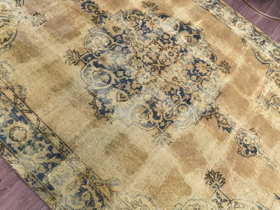 6x10 Vintage Turkish Overdyed Rug, Mustard Blue Color 6x10 Handmade Area Rug 6x10 Faded Floral Rug, Living Room Bedroom Rug, Farmhouse Decor