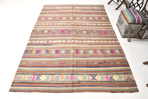 6x8 Area Rug, 6x8 Green & Blue Kilim Rug, 6x8 Kilim Rug, Handmade Wool Rug, 6x8 Rug, Modern Striped Sytle, Rug For Unique Living Room Kilims