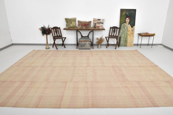 10x13 Turkish Vintage Wool Kilim Rug, Oversize Kilim Rug, Modern Hand Knotted Kilimrug, 10x13 Rugs, Salmon Beige Kilim, Rug For Living Room