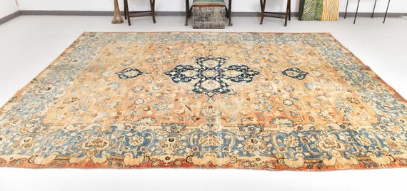 8x11 Vintage Ornate Persian Area Rug, Coral Color Rug, Blue Medallion Rug, 8x11 Luxury Rug, Traditional Woven Rug, 8x11 Area Rug, 8x11 Rug