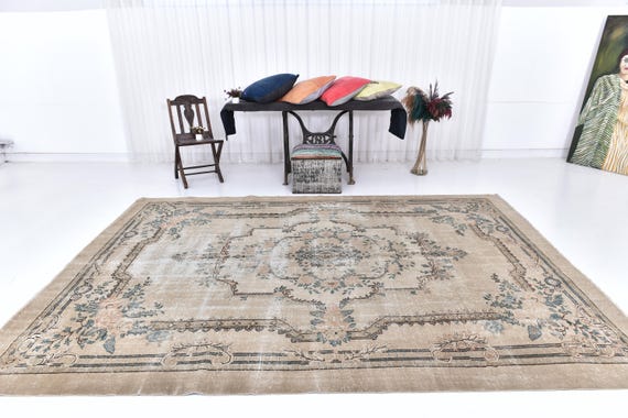 Antique Vintage Turkish Rug, 8x11 Gray & Bronze Rug, Oversized Vintage Rug, Large Area Rug, Wool Handmade Rugged Rug, 8x11 Vintage Rug,