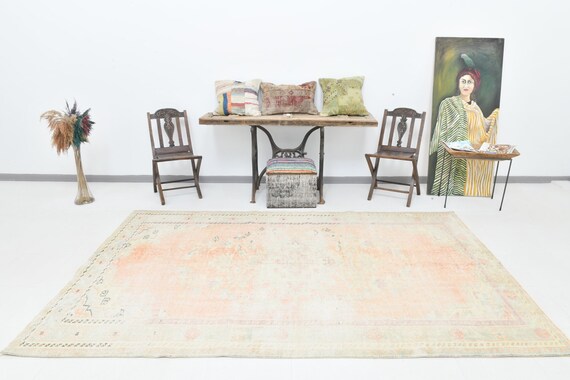6x10 Area Rug, 6x10 Faded Vintage, 6x10 Soft Pale Turkish Vintage Rug, Wool Handmade Turkey, 6x10 Turkish Rug, Peach & Green Carpet, Boho