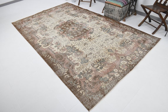 6x10 ORIENTAL OVERSIZE VINTAGE Rug, Shades Of Dark Green Brown Vintage Rugs Wool 6x10 Rugs Handmade Oushak Oriental & Floral Style Carpet