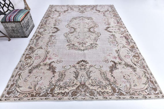 6x10 Vintage Turkish Area Rug, Cream Pink Brown Color, 6x10 Handmade Wool Rug, 6x10 Soft Area Rug, 6x10 Living Room Rug, Faded Farmhouse Rug