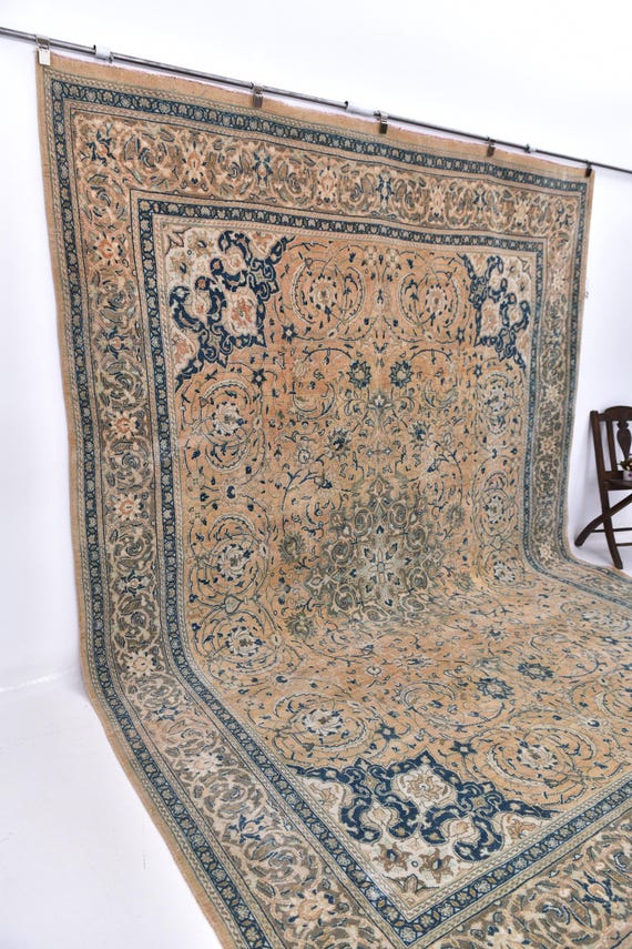 9x12 Peach & Navy Blue Persian Rug, Oversize Persian Rug Large Area Rug 9x12 Rugs Handmade Wool Rug, 9x12 Medallion Floral Area Rug.