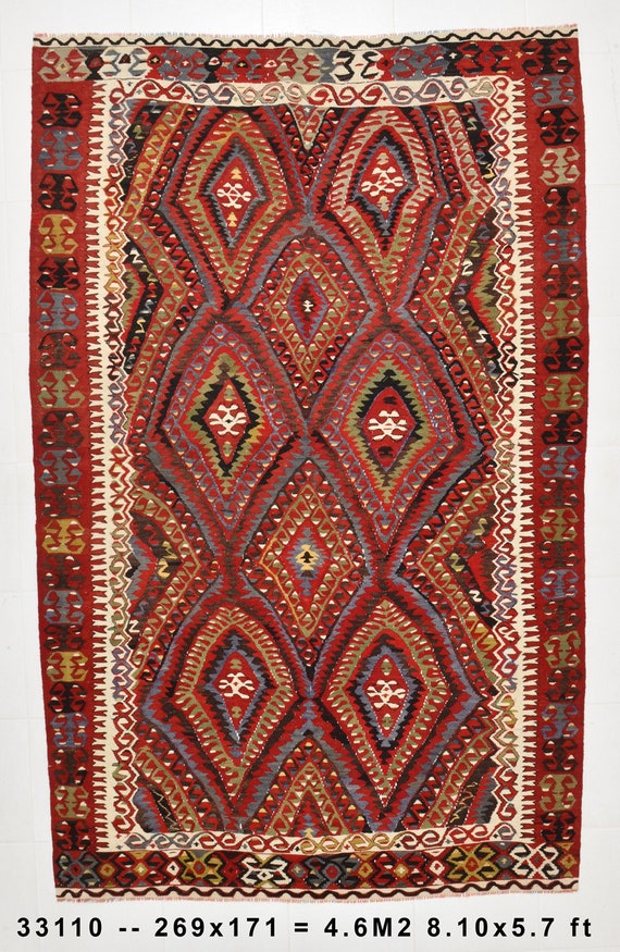5x9 Vintage Turkish Kilim Rug, Red, Green, Blue Color Rug, Moroccan Style Rug, Area Kilim Rug 5x9, Geometric Patterned Rug, Living Room Rug