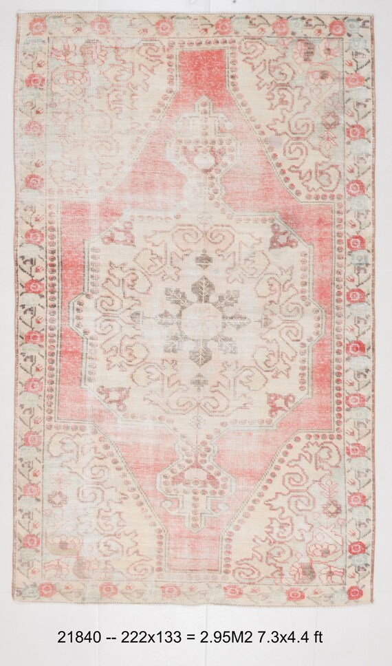 4x7 Rug 4x7 Faded Vintage Rug 4x7 PALE TURKISH VINTAGE Rug 4x7 Area Rug Oushak Handmade Wool Rug Faded Red & Beige Rug Retro Antique Carpet