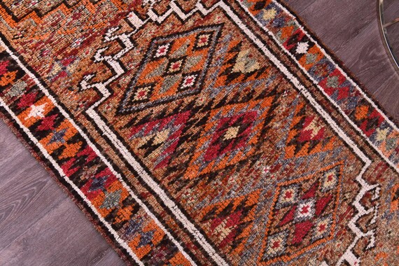 3x11 Vintage Runner Rug, Peach Brown Black Color, Handmade Wool Rug, 3x11 Hallway Kithcen Rug, Soft Wool Rug 3x11 Traditional Runner Rug