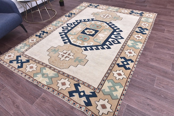 6x8 Vintage Turkish Geometric Rug, Cream White Blue Color