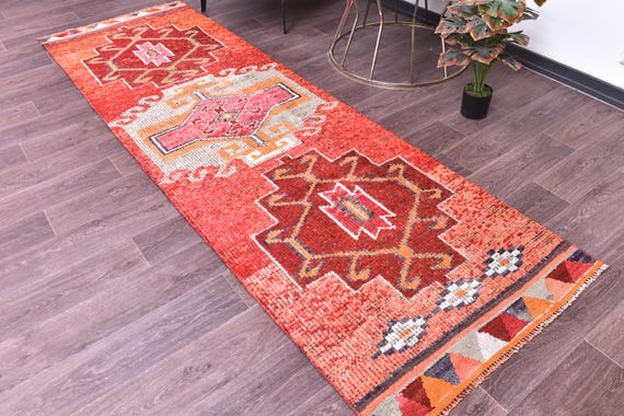 3x9 Vintage Peach Turkish Runner Rug, 3x9 Faded Hallway Rug, 3x9 Handmade Runner Rug, Vintage Home Decor, Farmhouse Rug, 3x9 Hallway Runner
