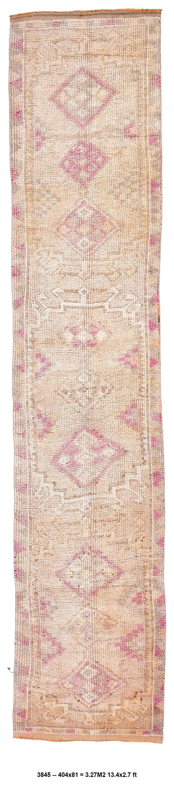 3x13 pink orange Turkish runner rug, 3x13 Pink Beige Vintage Runner rugs, Handmade 3x13 Runner Wool Rugs, 3x13 Hallway Turkish Runner Rug,