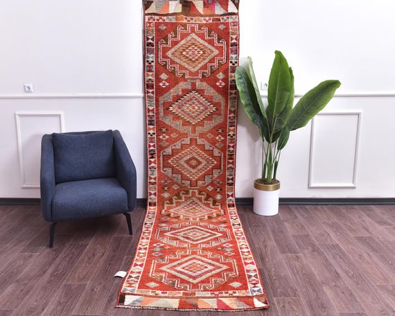 3x12 Vintage Geometric Handmade  Wool Runner Rug, Rug For Hallway Kithcen, Outlet