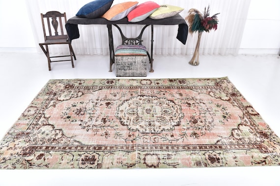 5x9 Vintage Turkish Oushak Rug, 5x9 Distressed Pink Sage Green Medallion Rug, 5x9 Boho Shabby Chic Home Decor, 5x9 Woven Rug, Faded Area Rug