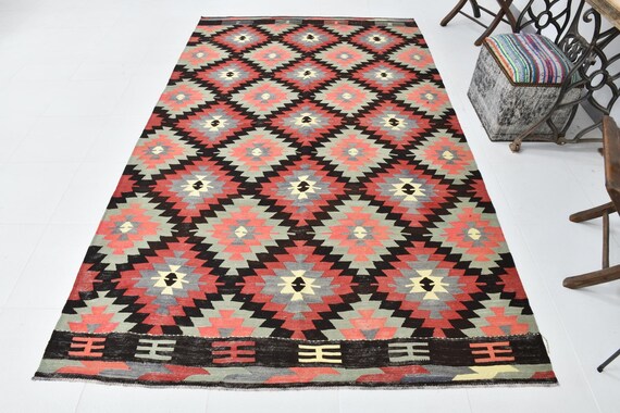 5x6 Vintage Geometric Pattern Kilim Rug, Antique Turkish Rug, 5x6 Handmade Rug, Living Room Rug, 5x6 Colorful Rug, Green Red Black Color Rug