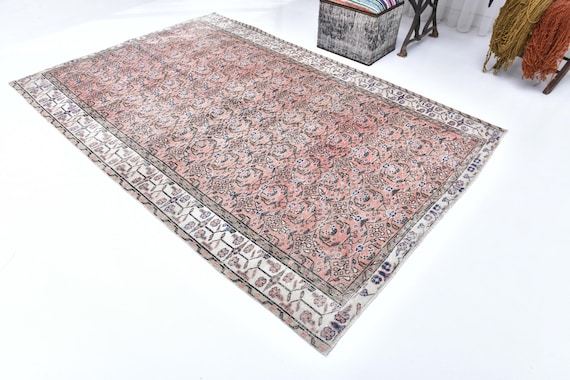 5x8 Vintage Handmade Floral Turkish Accent Rug, Salmon Blue Color