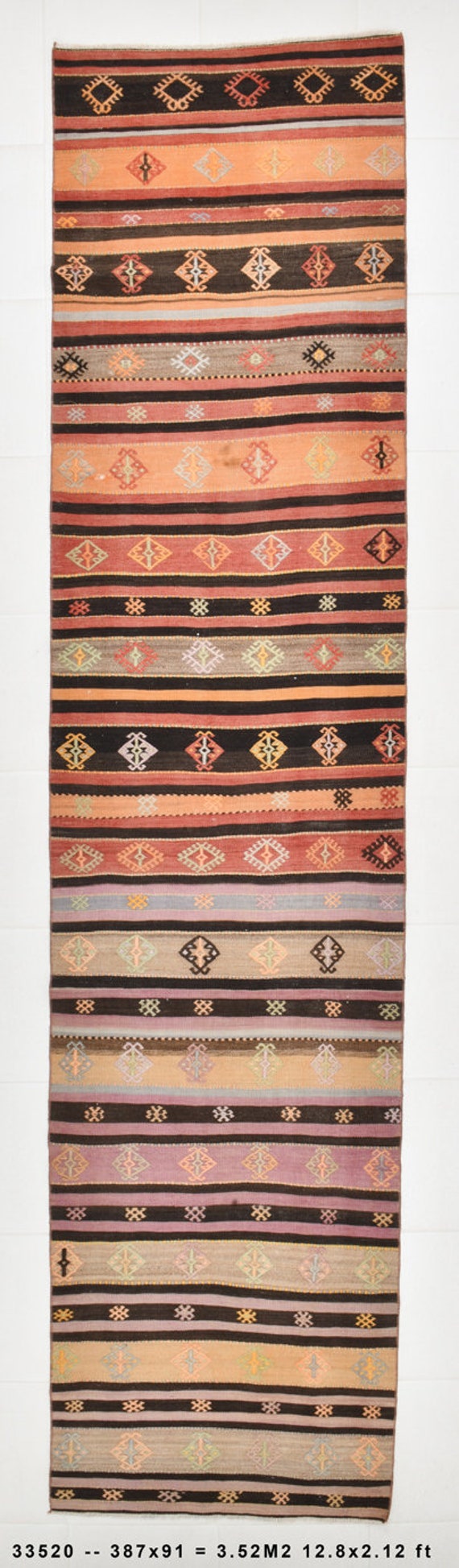 3x13 Runner Rug, 3x13 Pinstriped Kilim, 3x13 TURKISH KILIM RUNNER Rug, 3x13, Shades Of Pale Orange, Modern & Striped Style, Long Stair Entry