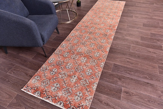 2x11 Vintage Salmon Runner Rug, 2x11 Handmade Wool Runner, 2x11 Kitchen Runner,  Farmhouse Decor, 2x11 Hallway Rug, Salmon Color Floral Rug