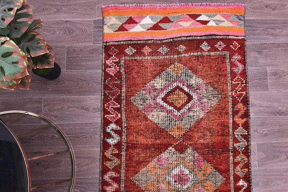 3x10 Vintage Soft Hallway Runnner Rug, 3x10 Handmade Wool, 3x10 Geometric Medallion Runner, Rich Red Color, Distressed Runner Rug,
