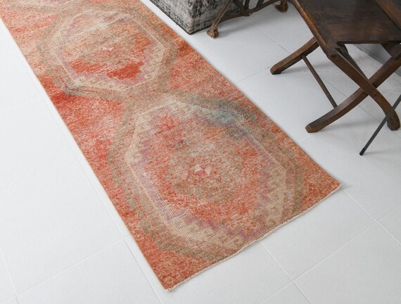 3x9 TURKISH VINTAGE Rug, 3x9 Turkish Runner, Handmade Oushak Rug, 3x9 Runner Rug, Orange & Beige Rug, Vintage Runner, 3x9, Neutral Runner